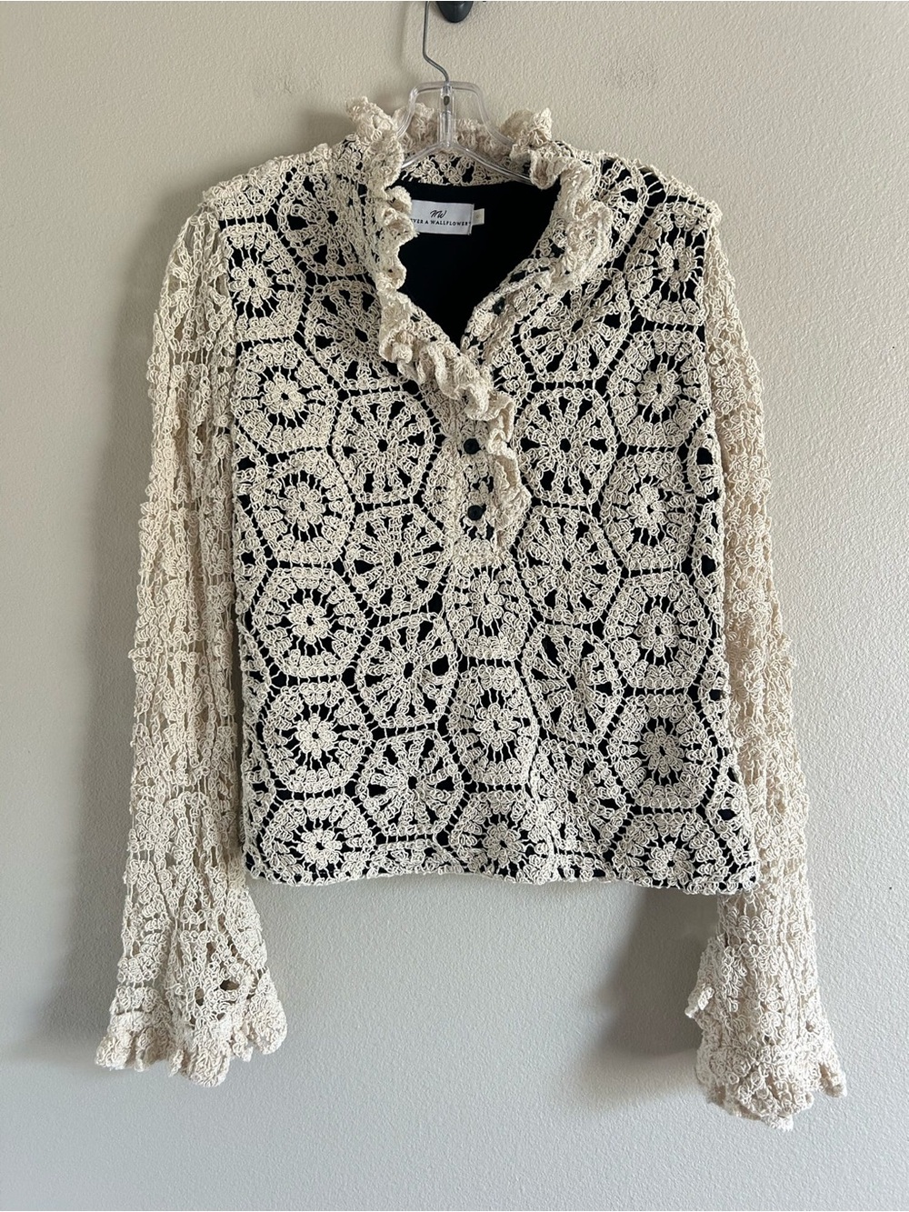 Never a Wallflower Small Crochet Blouse Floral Boho Ruffle Bell Sleeve Top